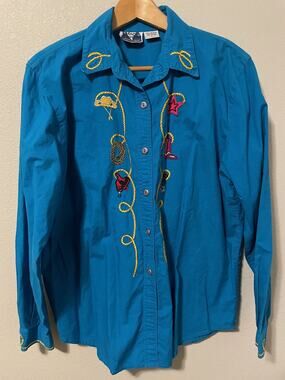 Blue Canyon Button Up Shirt Womens Large Blue Western Embroidered Cowboy Rodeo